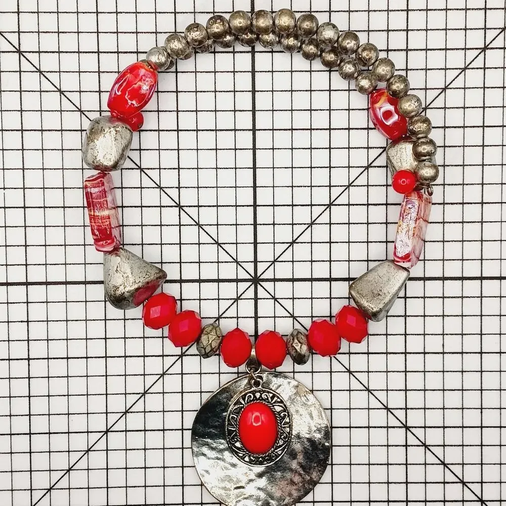 Necklace Statement Red Silver Tone Hammered Disc Pendant Boho Artisan Southwest